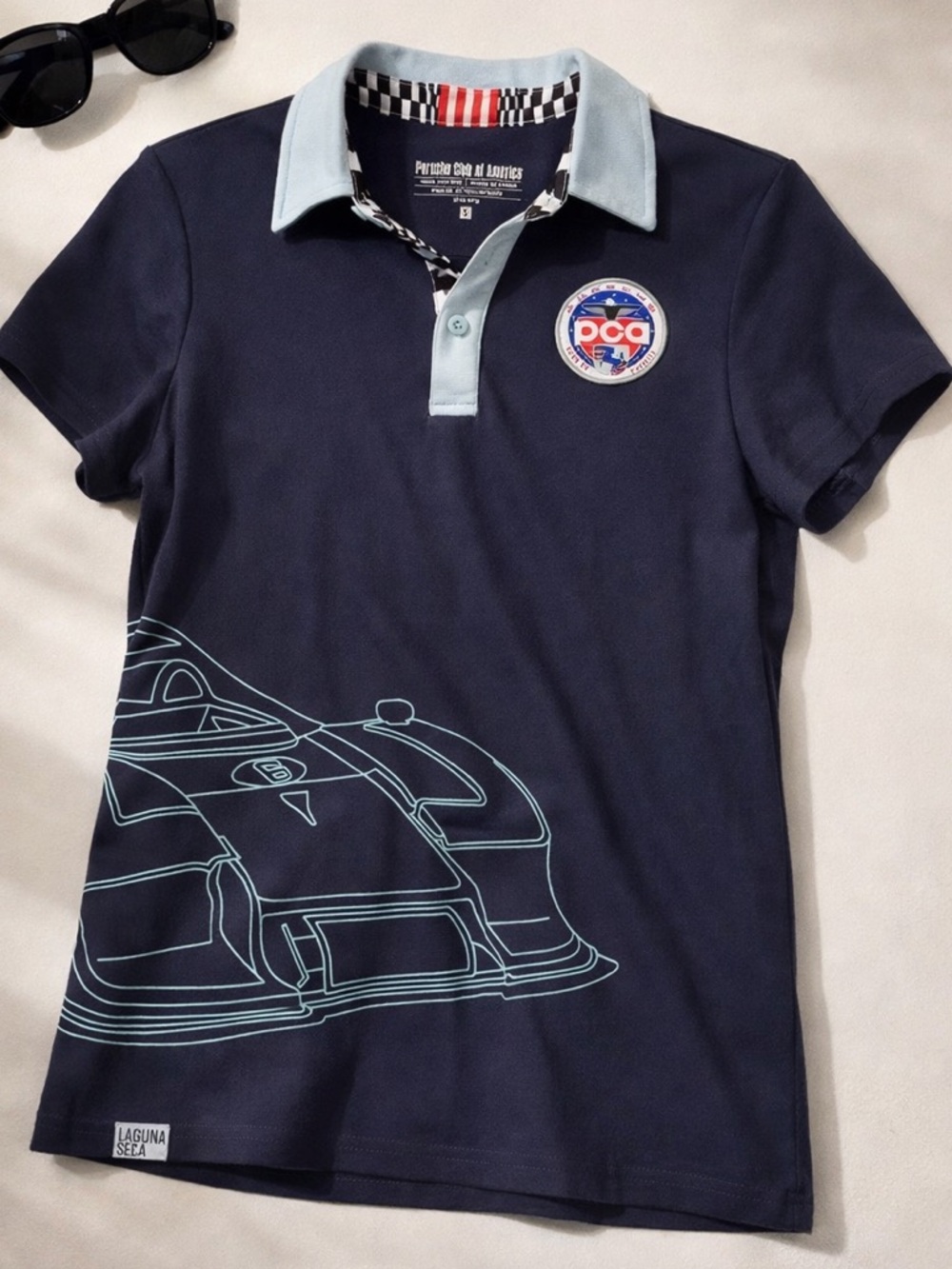 Porsche PCA Club Racing Polo Laguna Seca Graphic Navy Sportswear Fitted Top